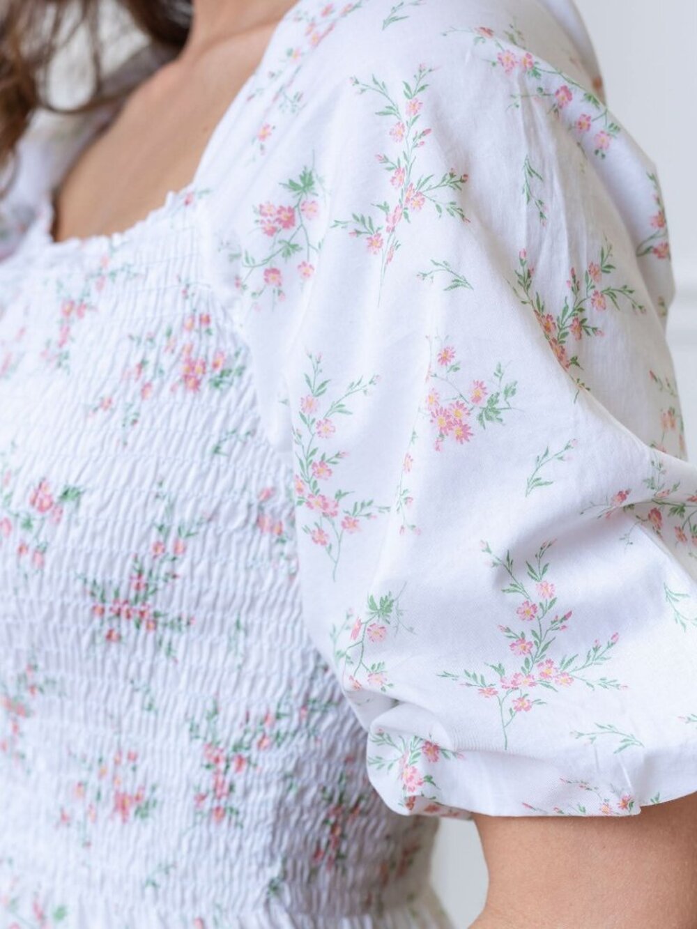 Hope & Henry Smocked Bubble Sleeve Organic Dress - Pink and Green Bouquet Floral - Picture 2 of 5